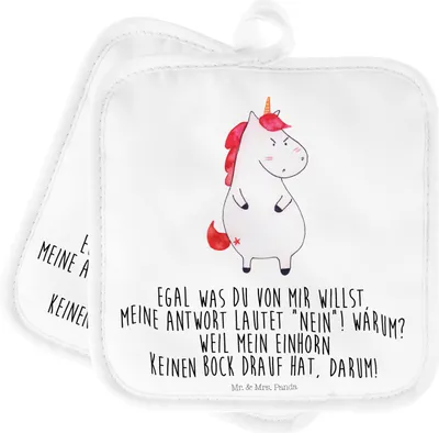 Produktbild von Mr. & Mrs. Panda Topfuntersetzer Einhorn Wut - Weiß - Geschenk, dumme Fragen, Unicorn, Topflappen 2er Set, Einhörner, Einhorn Deko, wütend, Ofenhandschuhe, Topflappen