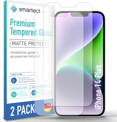 A product package for a screen protector for an iPhone 14 Plus, with a screen protector shown on a phone.