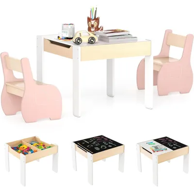 Produktbild von Multifunktionales Kindertisch- und Stuhlset, Kindersitzgruppe mit Stauraum, Kindermöbel mit Tischplatte als Kindertafel, Tisch Stuhl Set, Rosa