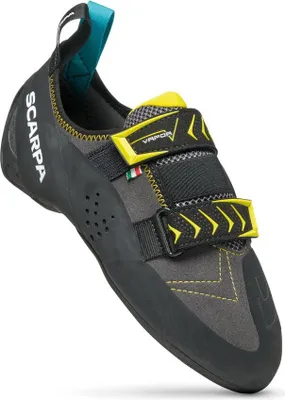 Kletterschuh "Vapor V" von Scarpa; schwarz mit gelben Akzenten und Klettverschluss.