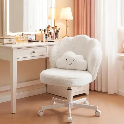 Produktbild von Blumenförmiger Schreibtischstuhl mit Rollen - Schminktischstuhl Bürostuhl - Doppelte Rückenlehne und Wolkensitz - Höhenverstellbar - Ohne Armlehnen - Weißer Teddy 62x62x92 cm