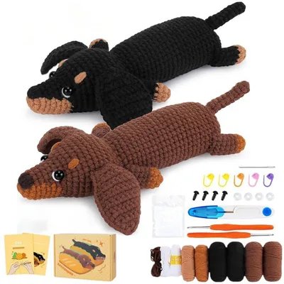 Image de Kit de crochet pour animaux : teckel pour débutants, comprenant 2 pelotes de fil et un crochet, avec instructions vidéo