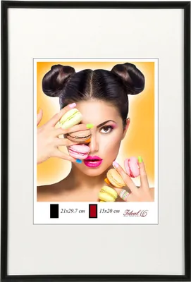 A framed image of a woman with macarons.