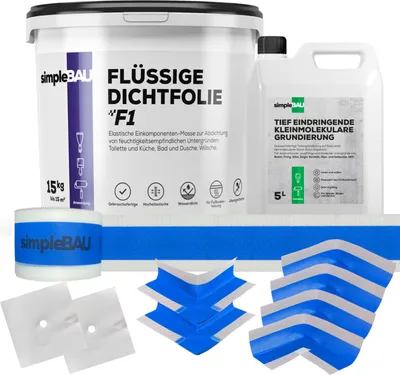 Produktbild von SimpleBau F1 Dichtset Flüssigdichtfolie gebrauchsfertig + Grundierung + elastisches Dichtband für Fugen und Ecken zum Abdichten von Bädern, 15KG+TF5L+DB15M+4INN+2AU+2WAN