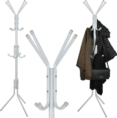 A white coat rack with three tiers of hooks, shown from different angles, including one with jackets, a scarf, and a purse hanging on it.