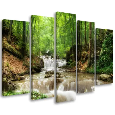 Produktbild von 5-teiliges leinwandbild wasserfall bach natur 100x70 cm Feeby grün wandbild bereit zum aufhängen