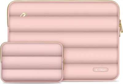 Two pink laptop sleeves of different sizes are shown side-by-side against a white background.