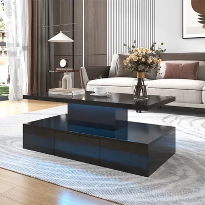 Produktbild von Fortuna Lai Couchtisch,Wohnzimmertisch mit 2 Staufächer und LED 39x100x50cm Schwarz Hochglanz