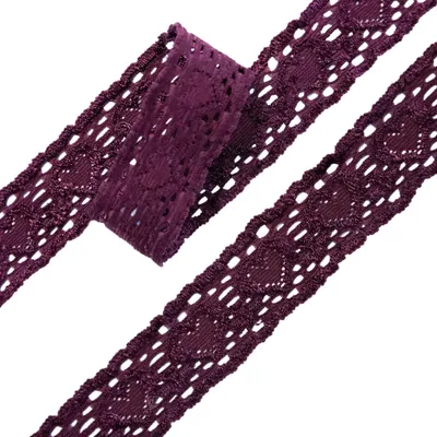 Spitze elastisch Herzmotiv 25mm breit ab 1m Spitzenband Meterware Nylon aubergine