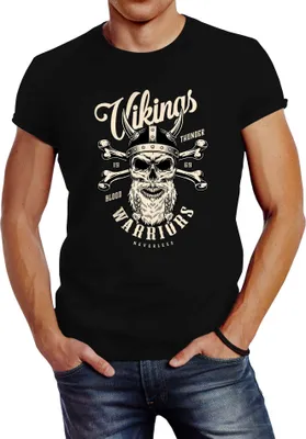 Produktbild von Herren T-Shirt Vikings Skull Wikinger Totenkopf Bart Slim Fit Neverless® schwarz 3XL