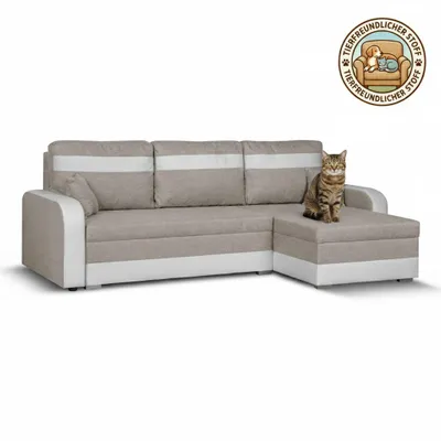 Produktbild von KomfortWelt24 Ecksofa mit Schlaffunktion und praktischem Bettkasten - Bequemer Eckcouch 214x140 cm L-Form CONDI Beige/Weiß