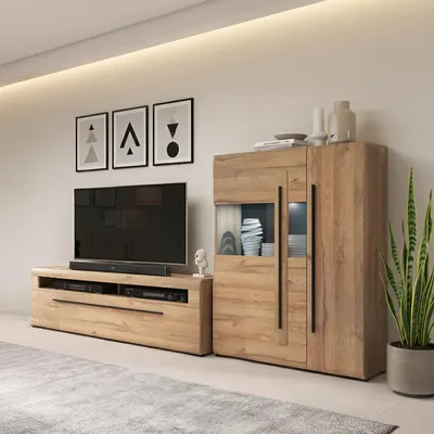 Produktbild von Wohnwand Set in Eiche mit 160 cm Lowboard & Highboard inkl. Beleuchtung, 2-teilig - TURDA-83