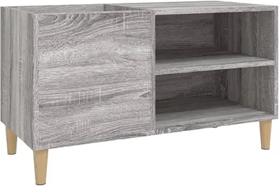 Produktbild von Plattenschrank Grau Sonoma 84,5x38x48 cm, Vinyl Schallplattenregal aus Holzwerkstoff, Beistellschrank mit Massivholzbeinen, LP Aufbewahrung Phonoschrank für Plattenspieler Wohnzimmer Büro