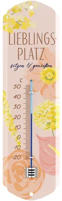 Produktbild von LANOLU Lieblingsplatz Thermometer Retro Blechschild, analoges Garten Thermometer für Balkon Terrasse, Vintage Outdoor Deko Schild, 8x28 cm