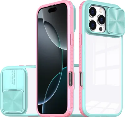 Immagine prodotto di Custodia per iPhone 16 Pro Custodia ibrida trasparente in TPU con cover fotocamera scorrevole Azzurro
