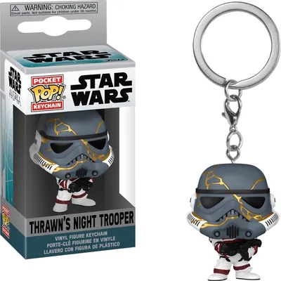 A Star Wars Thrawn's Night Trooper Pocket Pop! Keychain is shown in its packaging next to the keychain itself.