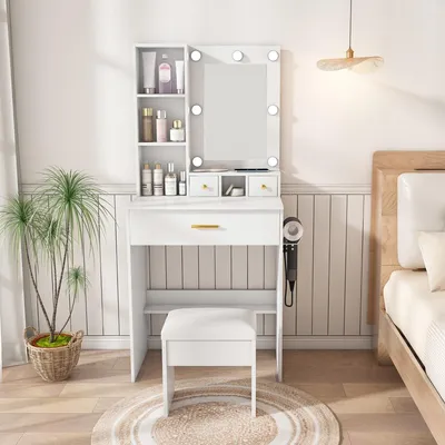 Produktbild von Konsolentisch mit Spiegel und verstellbarer LED-Beleuchtung Kleine Schminktisch-Set Kosmetiktisch B60/H131.5/T38cm Weiß