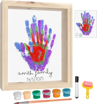 Productafbeelding van Familie handafdruk set - 4 stevige laminavellen + roller - Pinsel - Stift & 6 mengbare kleuren - Creatief