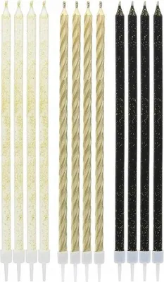 Image de Bougies pour gâteaux métalliques pailletées noir blanc or anniversaire 12 pièces