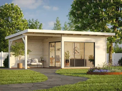 Produktbild von Gartenhaus Palmako Andrea 11,2+7,9 m² Schiebetür Isolierglas inkl. Fußboden 715 x 402 cm natur