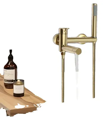 Produktbild von Wandmontierter Badewannen-Duschmischer, Gold gebürstete Oberfläche, Edelstahl und Messing, Schlauchlänge 1,5 m, 2 Auslässe, Einhebelmischer