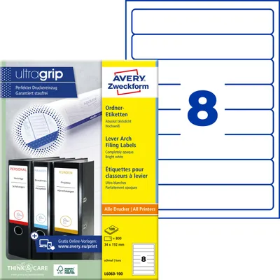 Produktbild von Avery Zweckform L6060-100, Ordner-Etiketten, A4, Qualitätsdruck mit: ultragrip, 34 x 192 mm, 800 Etiketten / 100 Bögen, weiß