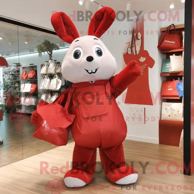 Produktbild von Maskottchenkostüm REDBROKOLY Roter Hase mit Langarm-T-Shirt und Tragetaschen