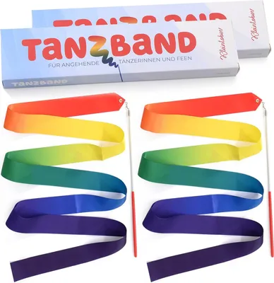 Produktbild von Kleintober Multi-Pack 2er Set Premium Gymnastikband mit Stab I Kinder Regenbogen Band I Tanzband mit Bilderanleitung für Übungen I optimales Geschenk für Mädchen I Mitgebsel