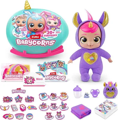 A collage of Zuru Babycorns toys, including a large egg-shaped container, a plush doll, and various accessories.