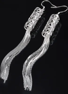 Produktbild von Damenmode, versilbert, lange Kette, Quaste, Haken, baumelnde, lineare Ohrringe, Geschenk