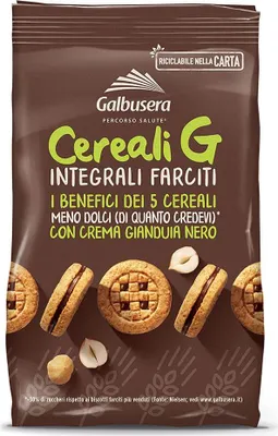 Produktbild von Galbusera Cereali G Integrali Farciti Vollkorn Shortbread Kekse gefüllt mit Gianduja Creme cookies biscuit 250g