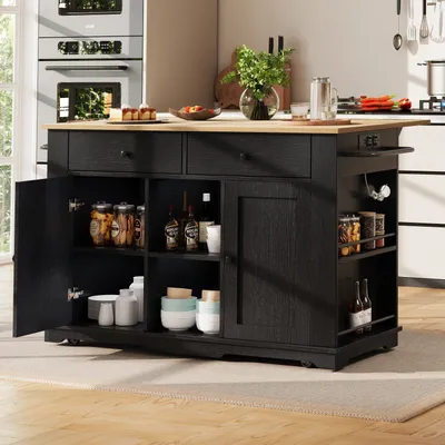 A black kitchen island with a wooden countertop is shown in a kitchen setting.