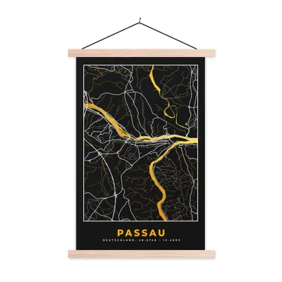 Produktbild von MuchoWow® Textilposter Stadtplan - Deutschland - Gold - Passau - Karte 40x60 cm mit holzfarbenen Rahmen - Poster