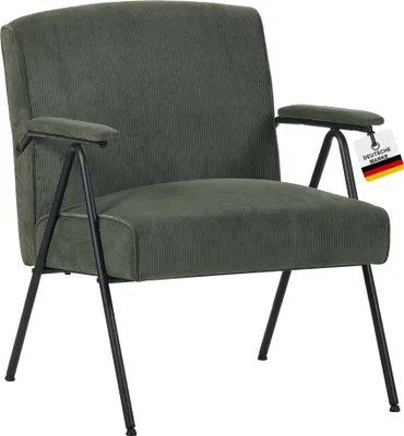 A green corduroy armchair with black metal legs, shown from the front.