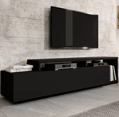 Produktbild von Masseno TV-Schrank BOTTEGA 219 cm Fernsehschrank mit 2 Schubladen TV-Lowboard für Wohnzimmer Modern 219x45x52 cm Schwarz / Schwarz