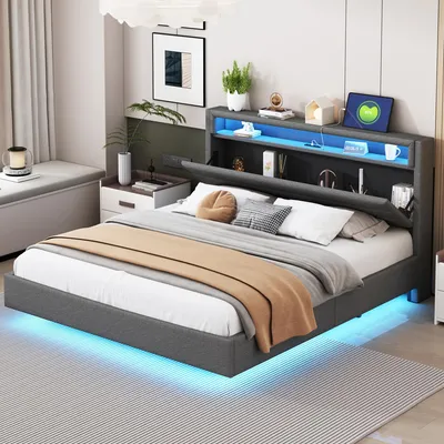 Obrázek produktu pro Postel s čalouněnou konstrukcí 160x200 cm, s LED osvětlením, s USB portem, s úložným prostorem, s čalouněnou opěrkou, šedá barva