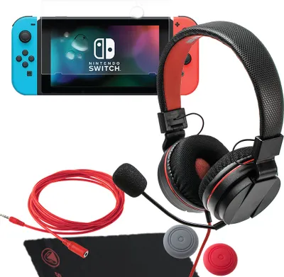 A Nintendo Switch console with accessories, including headphones, a cable, and protective caps.