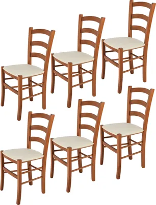 Image de t m c s Tommychairs - Lot de 6 chaises VENICE pour la cuisine et la salle à manger, structure en hêtre laqué teinte cerisier et assise rembourrée recouverte de TISSU couleur ivoire