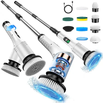 Produktbild von Elektrische Reinigungsbürste, 9 in 1 Kabellos Akkureinigungsbürste, 360° drehen, mit LED-Anzeige für Ecken,Toilette,Küche,Badezimmer,Fenster