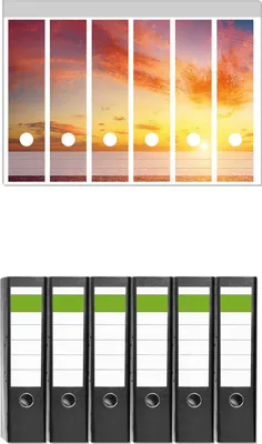 Produktbild von Wallario 6 Stück breite Ordner inkl. Klebeetiketten mit Motive Sonnenuntergang über dem Meer - rote Wolken und blauer Himmel -  Set mit Rückenschildern / Ordnerrücken Stickern