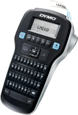 A DYMO Label Manager 160 label maker is shown from a diagonal angle against a white background.