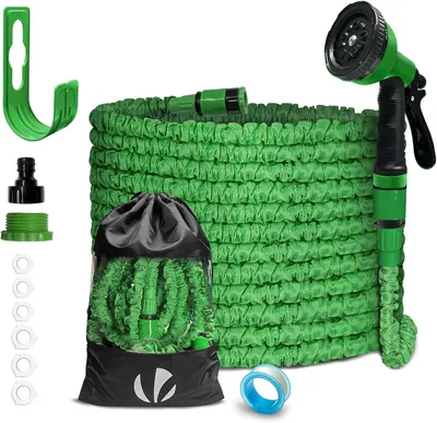 Produktbild von Flexibler Gartenschlauch, 15 Meter, flexibler Wasserschlauch, dehnbar, mit 10 Sprühfunktionen, Schnellkupplungen und Wandbefestigung, grün
