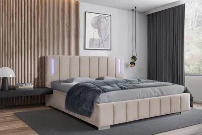 Produktbild von Polsterbett 200 x 200 cm mit Bettkasten und Matratze Lattenrost, Bonellmatratze H4, LED-Beleuchtung Velours Beige Ankona