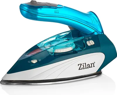 A close-up studio shot of a teal and white Zilan travel iron against a white background.