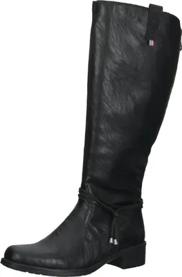 A black leather boot on a white background.