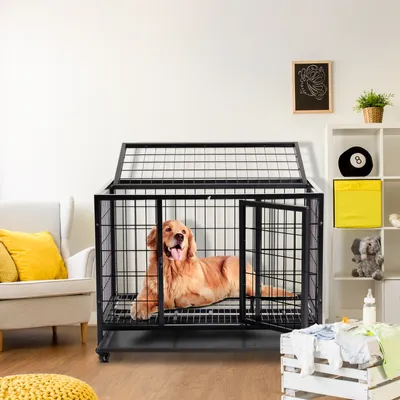 Produktbild von FCH Hundekäfig mit 2 Türen rollbar, Hundebox Hundehaus , Transportbox Drahtkäfig, Hundekiste Beistelltisch, 91.4 x 62.2 x 69.9CM, schwarz
