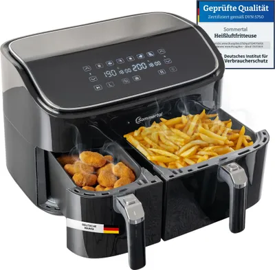 Produktbild von Sommertal Heißluftfritteuse HF DUAL 900 mit Doppelkammer | 9 Liter XXL Airfryer & Dörrgerät | 2850W | Digitales Touch Display