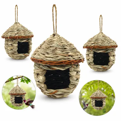 Produktbild von 3er Set Vogelnest für Kleinvögel, handgeflochtenes Naturgras-Nistnest zum Aufhängen, 15x15 cm, für Wellensittiche, Kanarienvögel, Gartendeko