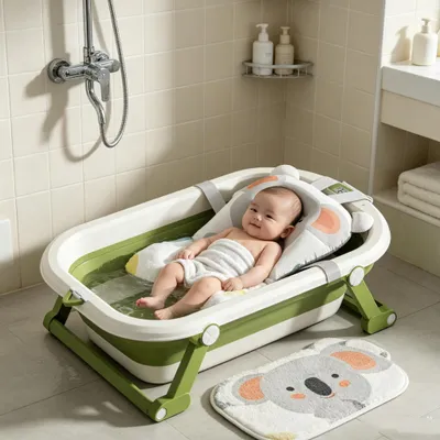 Produktbild von Baby Badewanne,Faltbare Badewanne Baby mit Rutschfester Matte und Thermometer,Tragbare Baby Bathtub für Neugeborene Kleinkinder, 80x50x22cm Grün