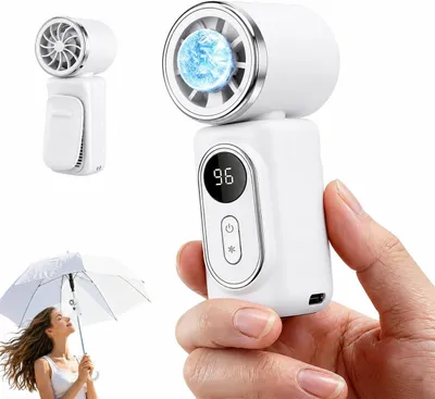 Produktbild von Mini Kühlventilator, Hand Kühlventilator mit Eiskühlung, Tragbarer Clip Ventilator, LED-Display, 5-stufige, Wiederaufladbar, Extrem Starker Wind, Weiß